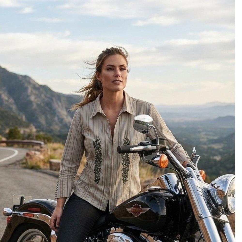 Harley Davidson Tan Embroidered Flame Full Zip Shirt Biker Large Woman's Read